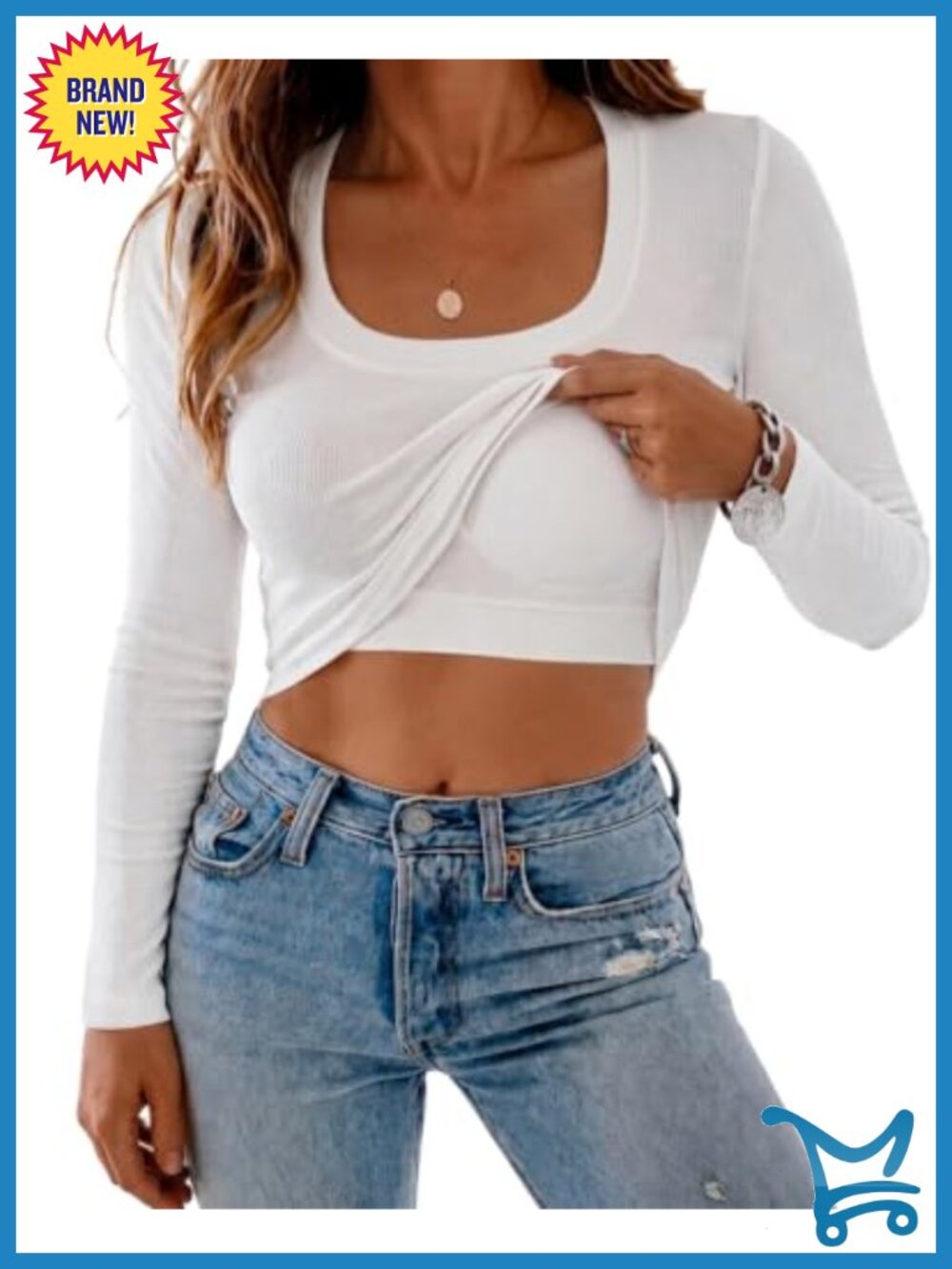 Ribbed Long Sleeve Built-in Bra Square Neck Fitted Top